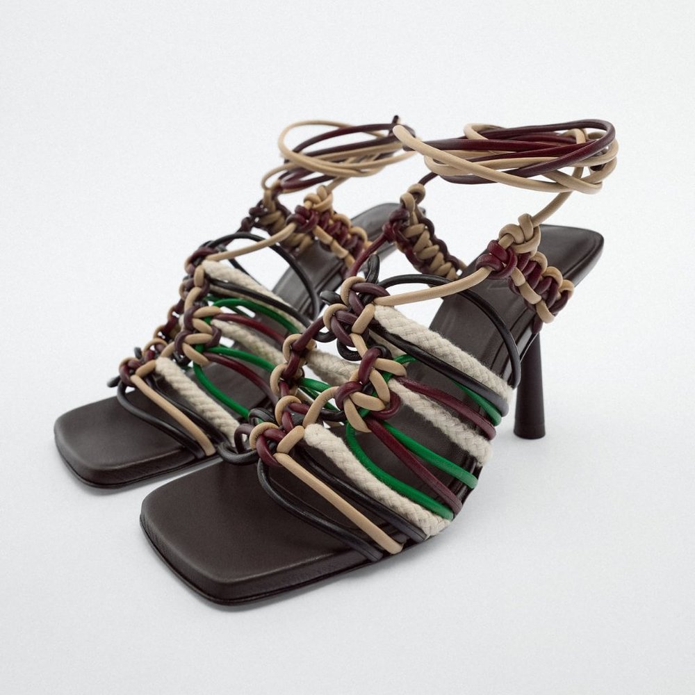 ZARA LACE UP WOVEN LEATHER HIGH HEEL SANDALS - 37 - NWT